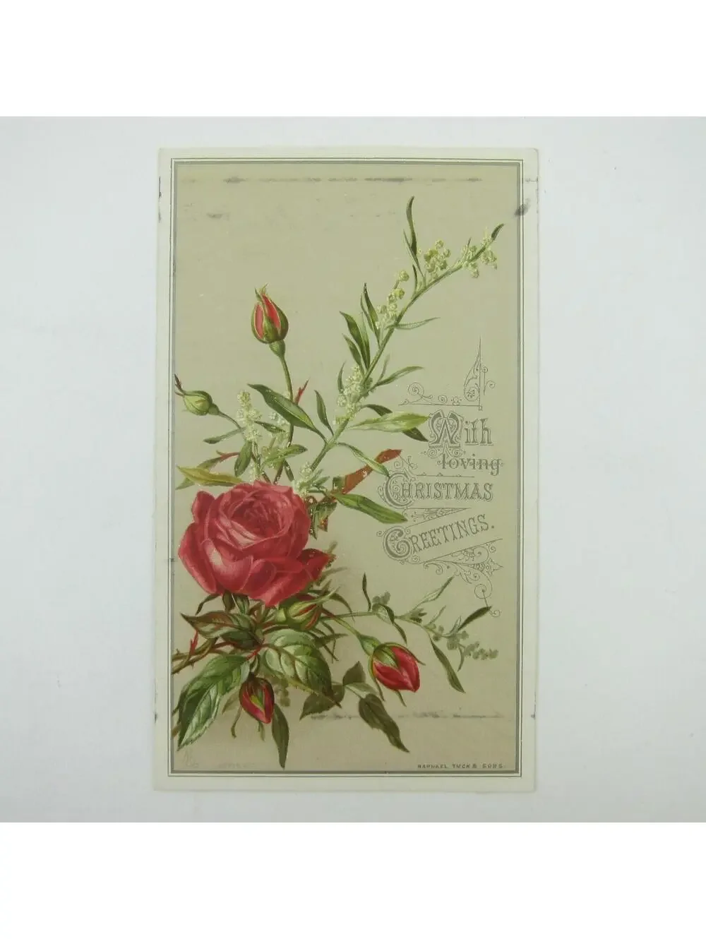 Victorian Christmas Card Raphael Tuck & Sons Red Roses White Flowers Antique